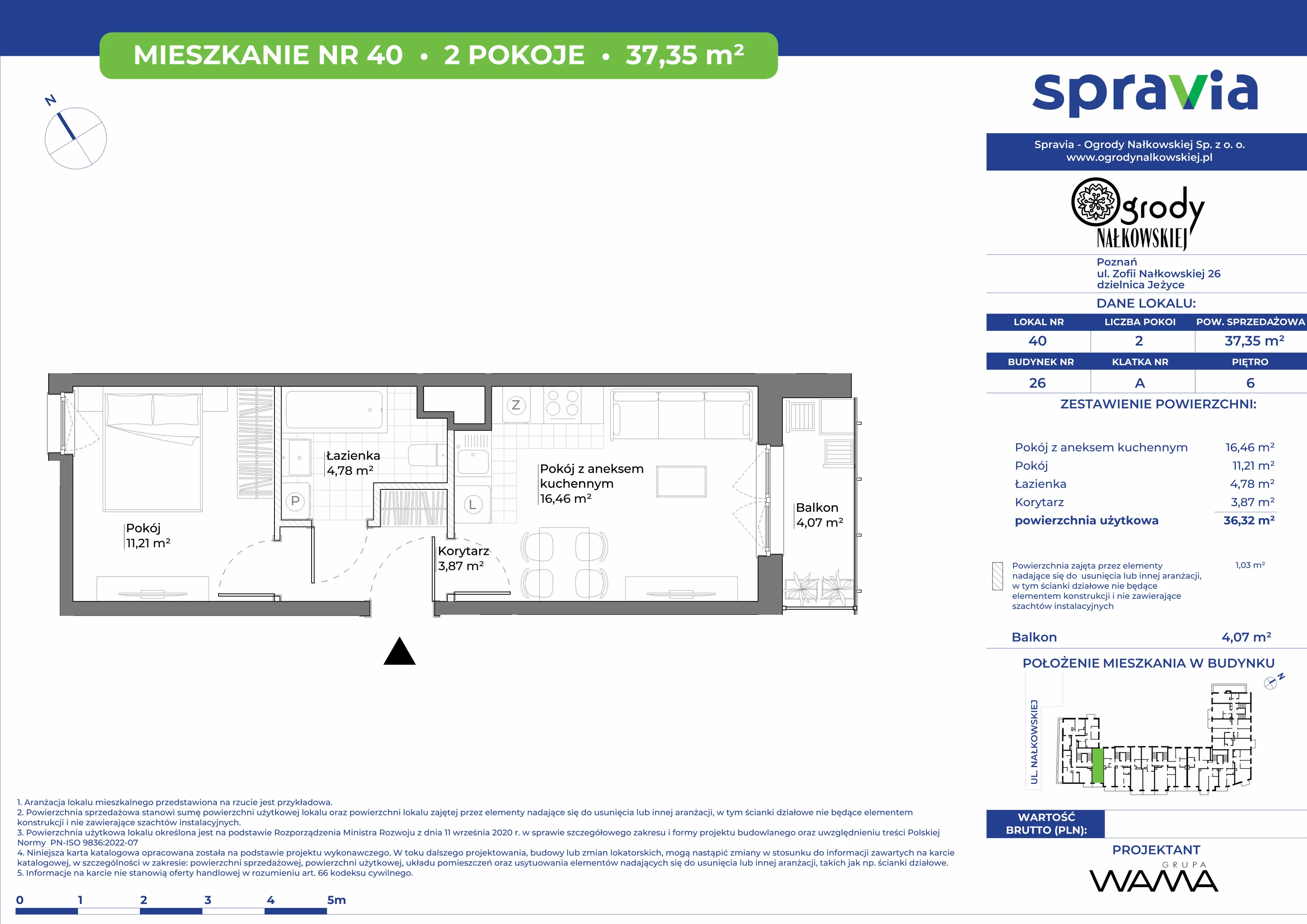 2 pokoje, mieszkanie 37,35 m², piętro 6, oferta nr 26-40, Ogrody Nałkowskiej, Poznań, Ogrody, ul. Nałkowskiej 24, 26